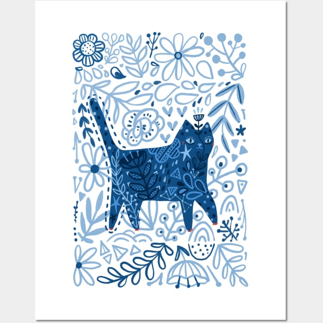 Blue floral cat Wall Art by kostolom3000